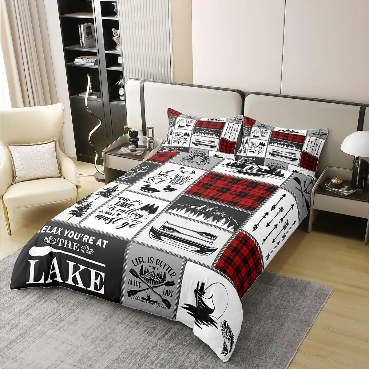 Lake Paddle Cotton Duvet Cover,Outdoor Jungle Camping Boating Rustic Style Breathable Comforter Cover (Not Comforter),Retro Red Checker Splicing Geometry Comforter Cover 2 Pcs with 1 Pillowcase Queen