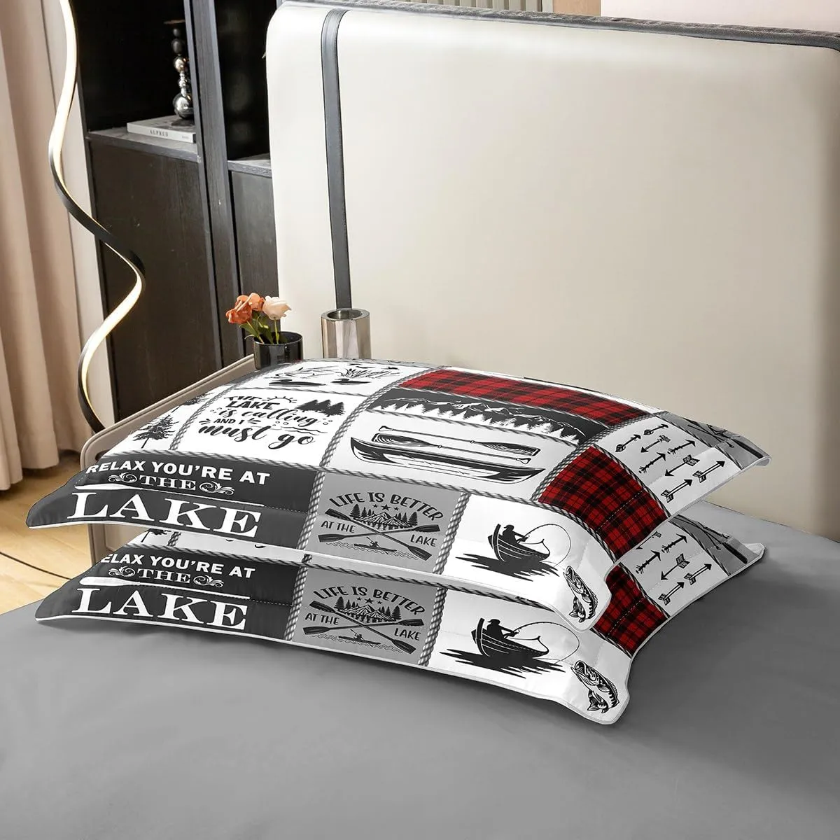 Lake Paddle Cotton Duvet Cover,Outdoor Jungle Camping Boating Rustic Style Breathable Comforter Cover (Not Comforter),Retro Red Checker Splicing Geometry Comforter Cover 2 Pcs with 1 Pillowcase Queen