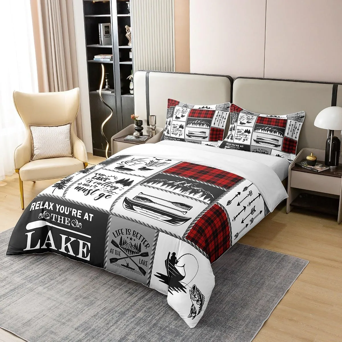 Lake Paddle Cotton Duvet Cover,Outdoor Jungle Camping Boating Rustic Style Breathable Comforter Cover (Not Comforter),Retro Red Checker Splicing Geometry Comforter Cover 2 Pcs with 1 Pillowcase Queen