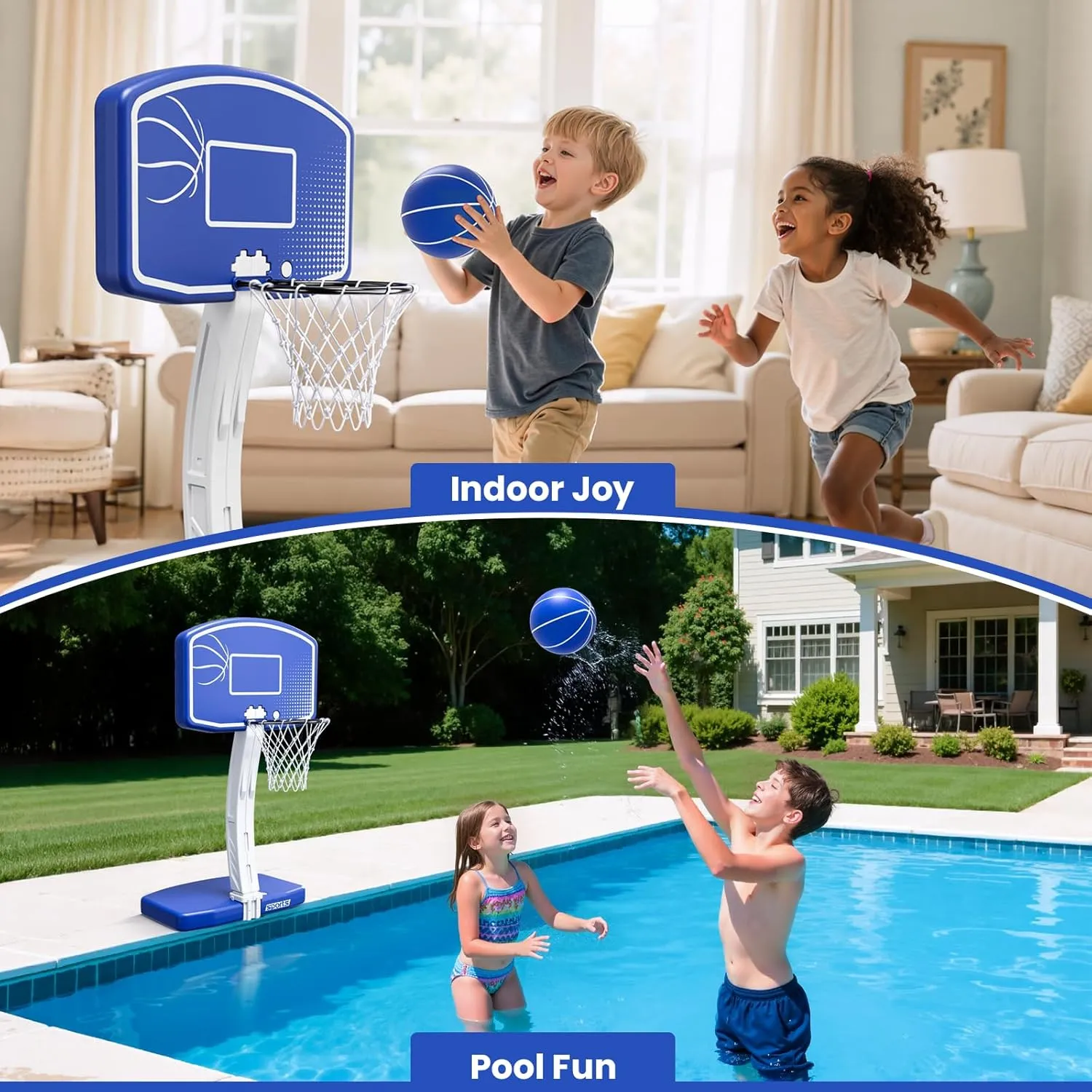 Large Pool Basketball Hoop Poolside, Swimming Pool Basketball Game for Inground Pools, Water Basketball for Pool with 2 Balls and Pump, Summer Outdoor Toys for Kids Teens Adults