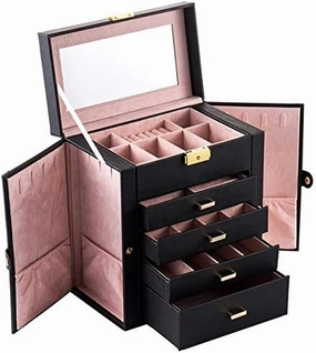 Large Jewelry Box with Lock, 5-Layer Storage Case with Mirror, Watch Display, 4 Drawers, Side Doors, Black, 10.43 x 6.10 x 11.14 inches