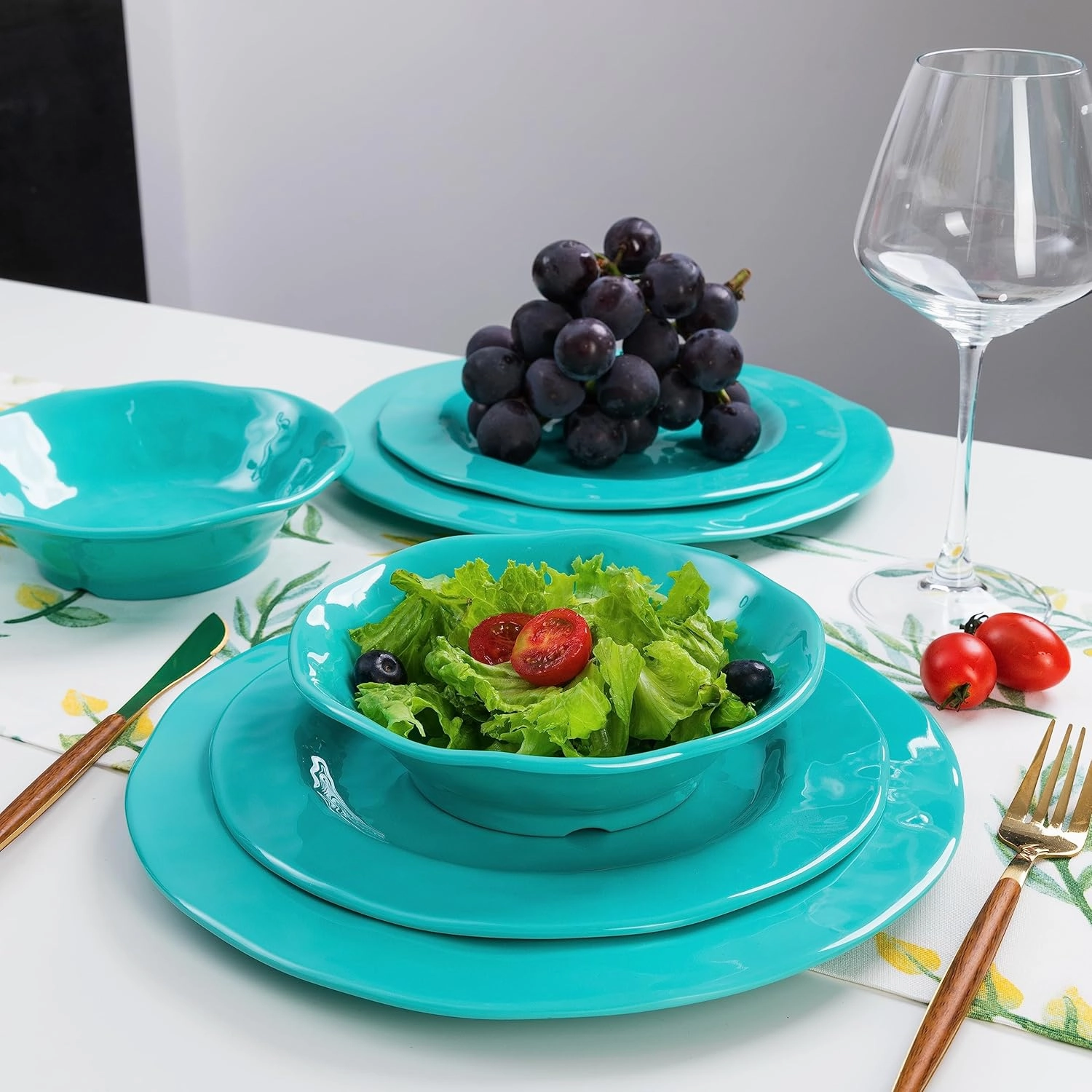 LEHAHA BPA-Free Melamine Dinnerware Sets, 12 Piece Melamine Plastic Plate & Bowl Set, Camping Dishes Set Ideal for Indoor and Outdoor Use, Dishwasher safe, Service for 4, Teal