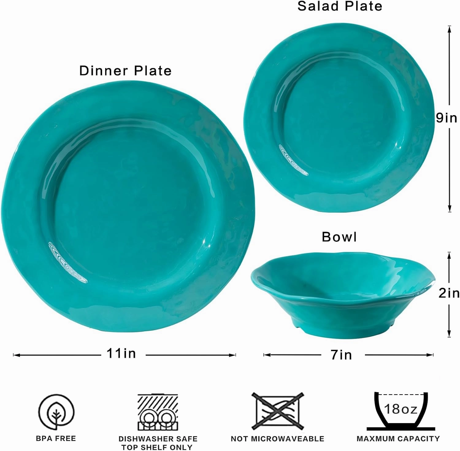LEHAHA BPA-Free Melamine Dinnerware Sets, 12 Piece Melamine Plastic Plate & Bowl Set, Camping Dishes Set Ideal for Indoor and Outdoor Use, Dishwasher safe, Service for 4, Teal