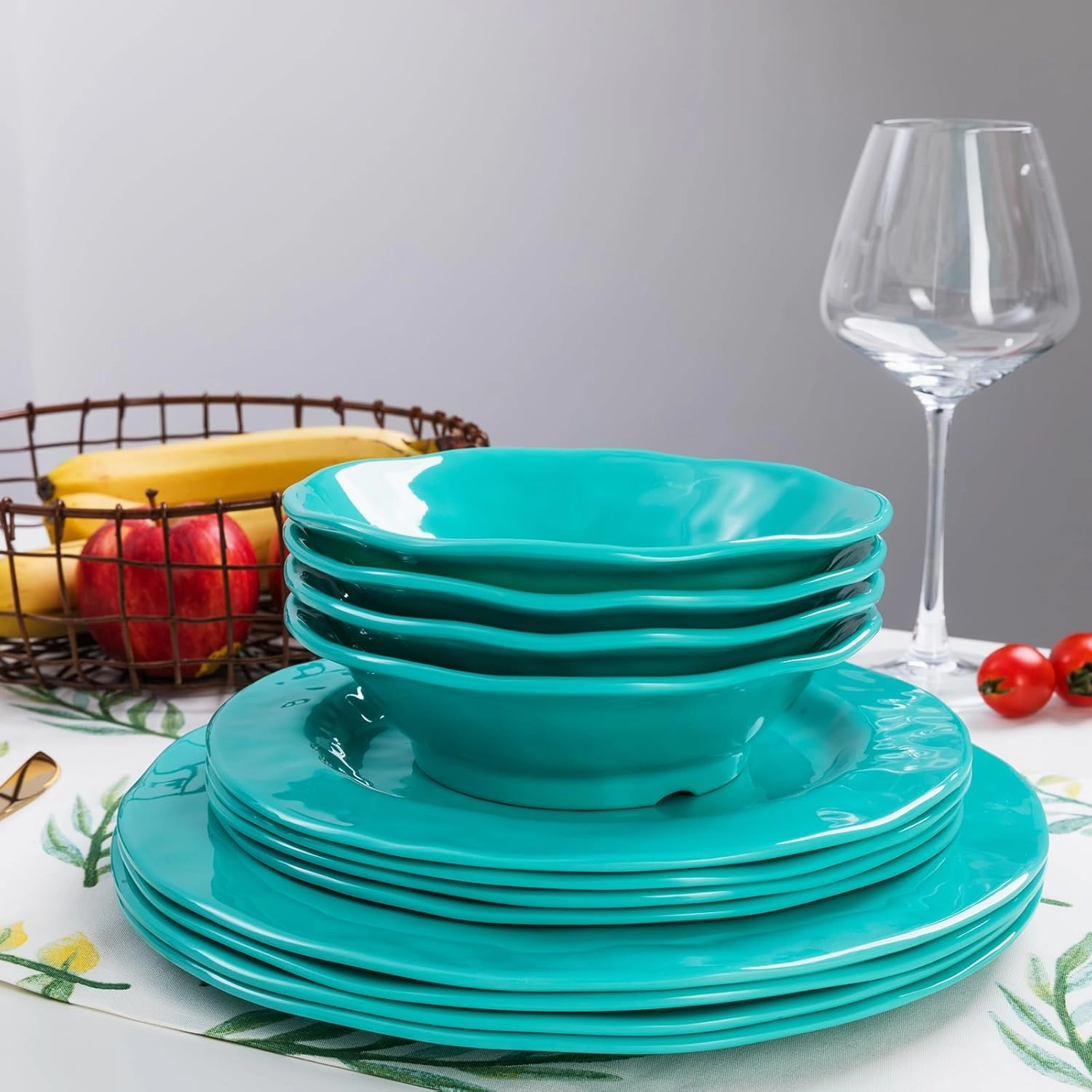 LEHAHA BPA-Free Melamine Dinnerware Sets, 12 Piece Melamine Plastic Plate & Bowl Set, Camping Dishes Set Ideal for Indoor and Outdoor Use, Dishwasher safe, Service for 4, Teal