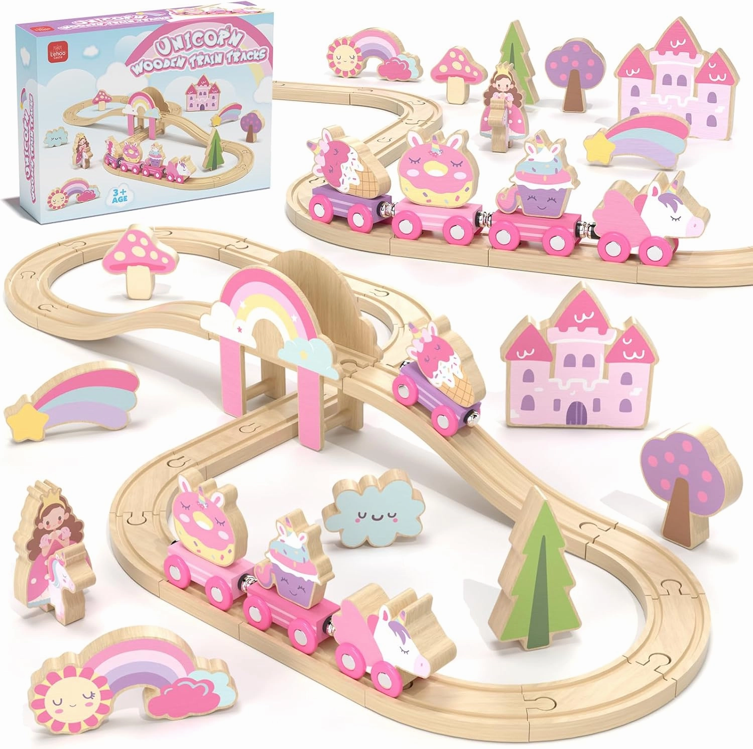 Lehoo Castle Wooden Train Set, Train Set for Toddlers 2-4, Wooden Train Track for Girls, Unicorn Toys for Girls Age 4-6, Toys for 3 4 5 6 Year Old Girls