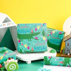 LeZakaa Birthday Wrapping Paper Roll - Snappy Birthday Alligator Design - Vibrant Teal with Embossed Finish for Kids Boys Birthday Gift Wrapping with Cut Lines & 13" Birthday Gift Bag