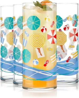 Libbey Vintage Beach Drinking Glasses Set of 4, Colorful, Retro Beach Design Glass Cups Set, Dishwasher Safe Water Glasses Set for Juices, Cocktails