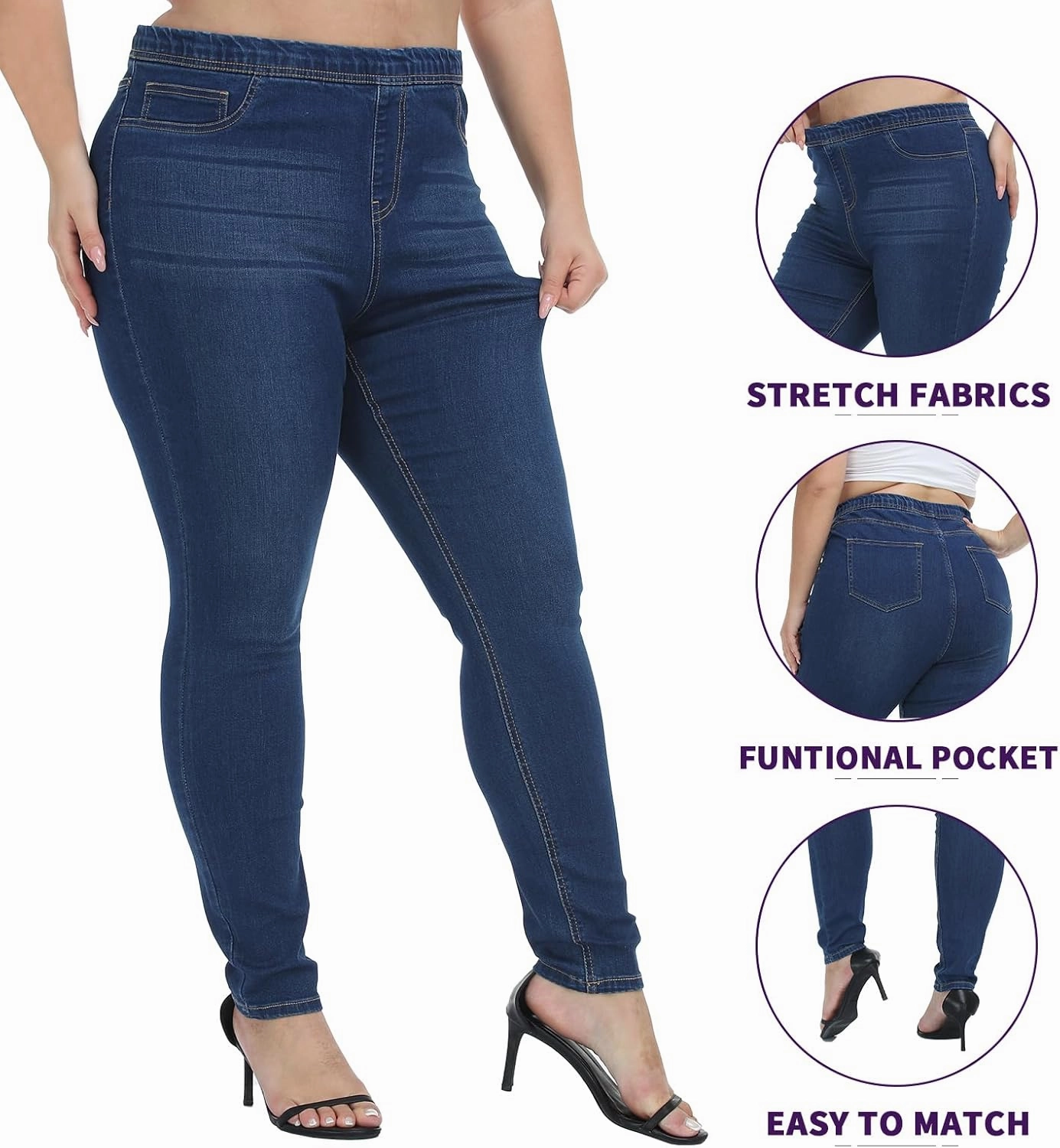 LICTZNEE Jeggings for Women High Waist, Stretchy Jeans Slim Fit Leg Pull on Jean with Pockets, Soft Breathable Cotton Blend