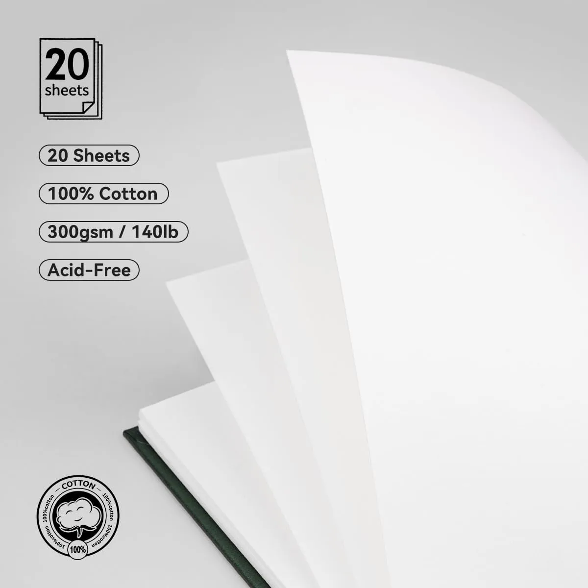 Lightwish Square Watercolor Journal,100% Cotton,300gsm/140lb,Acid-Free,20 Sheets Hot Press Watecolor Paper Sketchbook for Artists Adults Students,7.68 * 7.68 Inches(Dark Green)