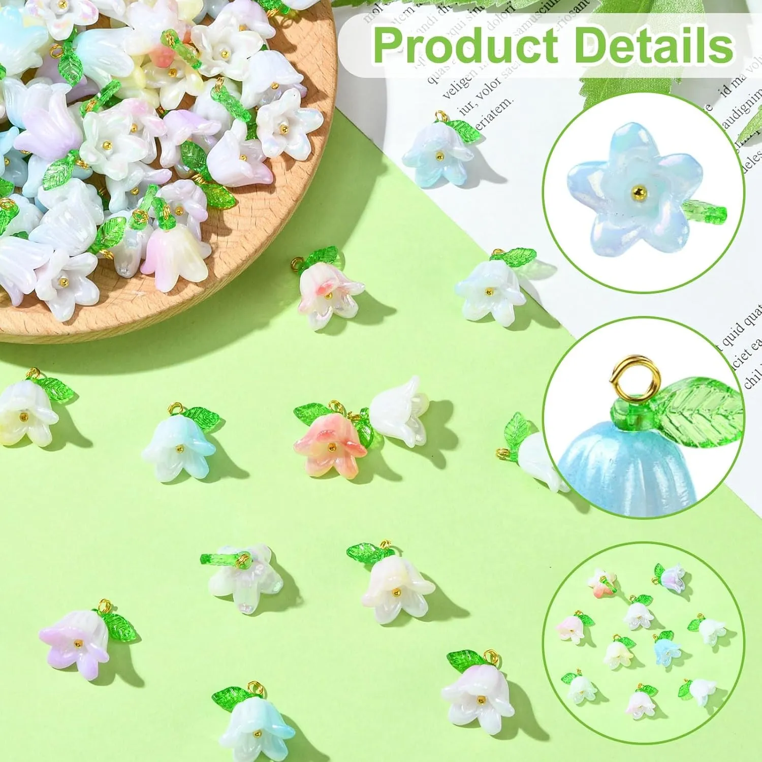 LiQunSweet 90 pcs 9 Colors Lily of The Valley Acrylic Charms with Leaf Orchid Floral Bell Flower Charms for DIY Jewelry Bracelets Necklaces Earrings Phone Keychains Bag Crafts