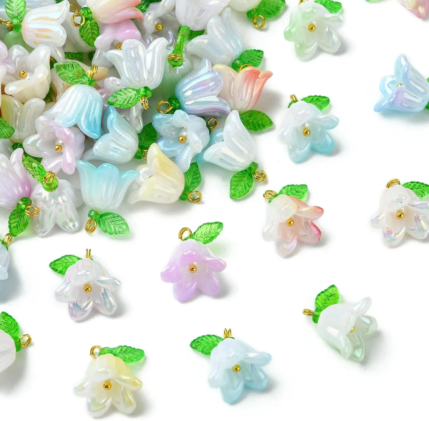 LiQunSweet 90 pcs 9 Colors Lily of The Valley Acrylic Charms with Leaf Orchid Floral Bell Flower Charms for DIY Jewelry Bracelets Necklaces Earrings Phone Keychains Bag Crafts