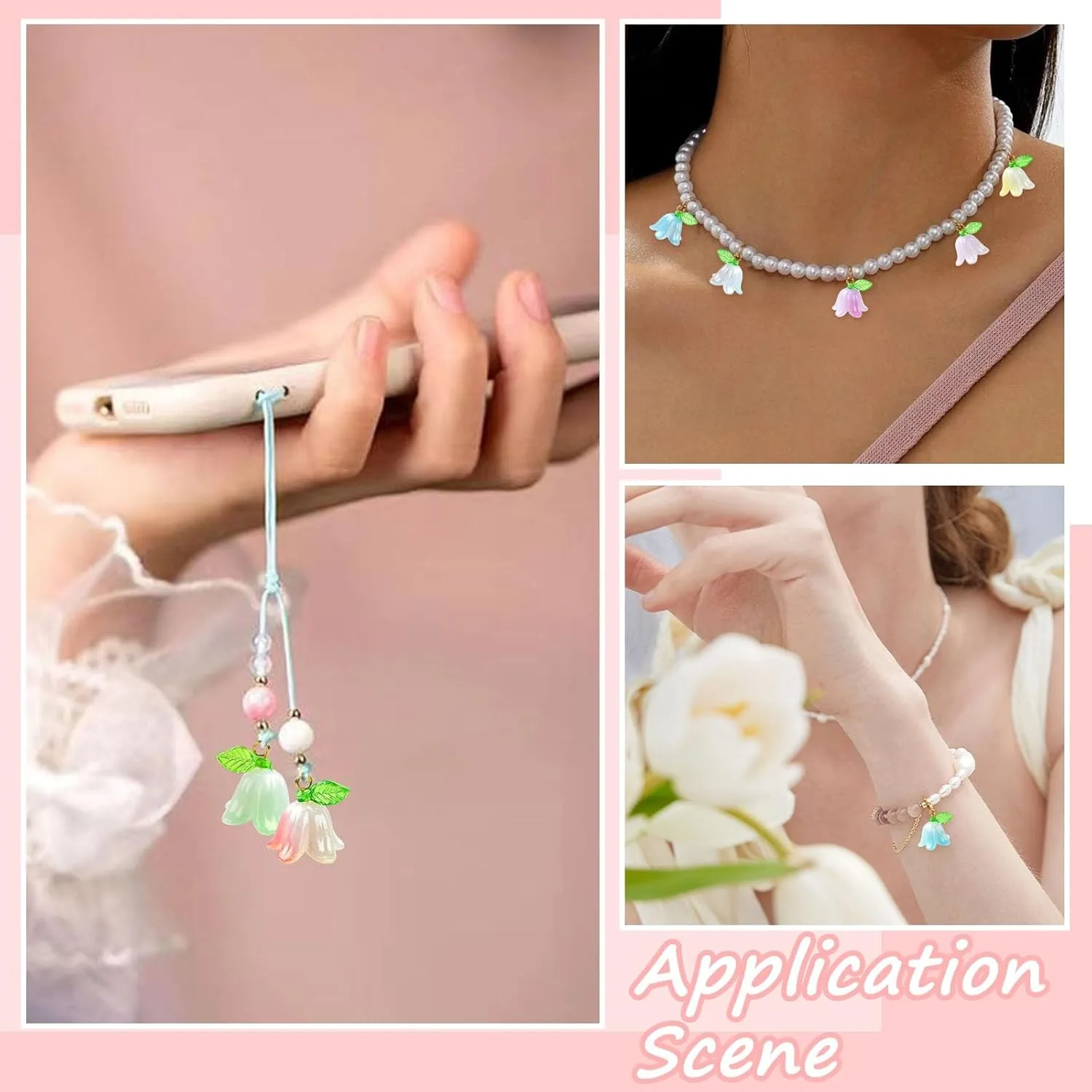 LiQunSweet 90 pcs 9 Colors Lily of The Valley Acrylic Charms with Leaf Orchid Floral Bell Flower Charms for DIY Jewelry Bracelets Necklaces Earrings Phone Keychains Bag Crafts