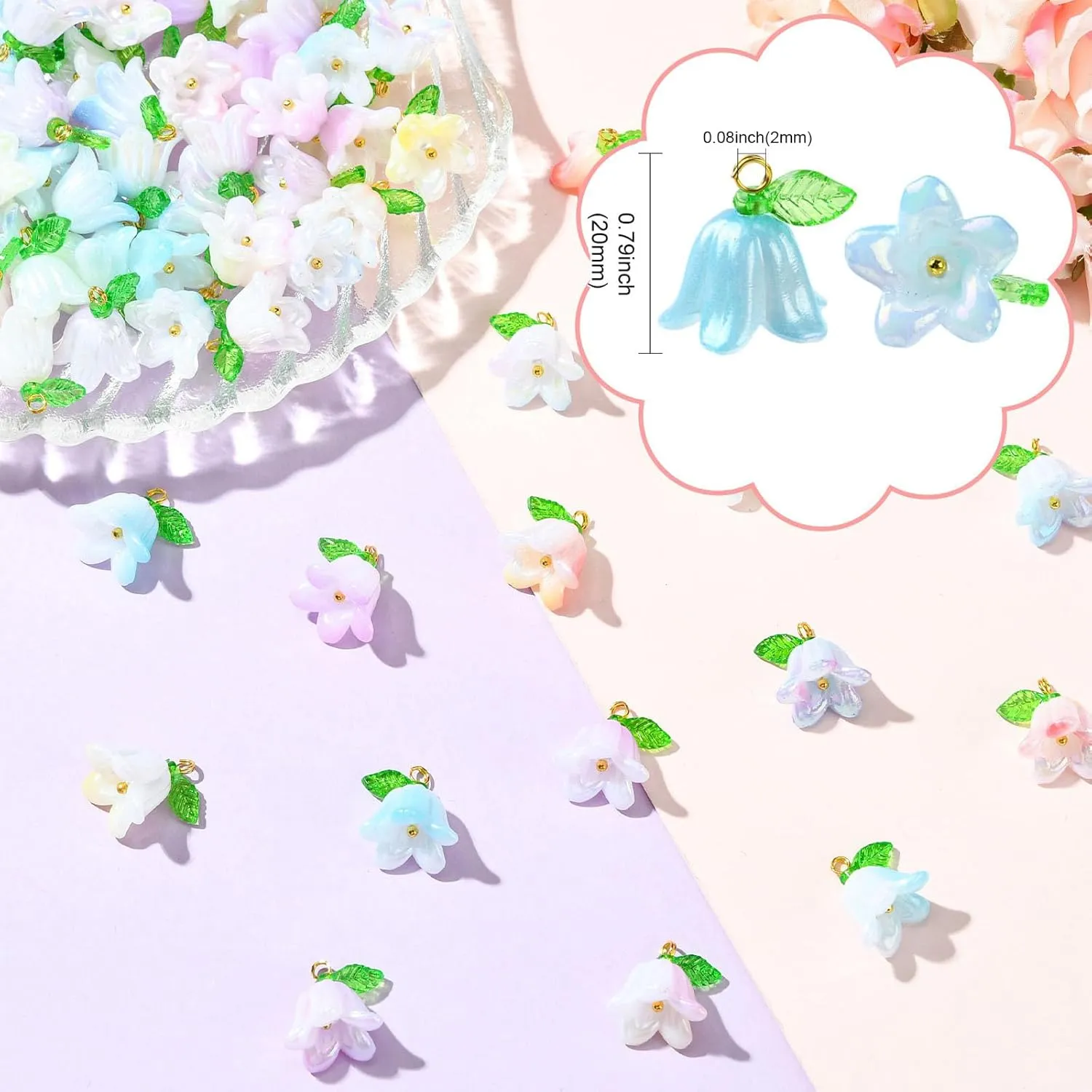 LiQunSweet 90 pcs 9 Colors Lily of The Valley Acrylic Charms with Leaf Orchid Floral Bell Flower Charms for DIY Jewelry Bracelets Necklaces Earrings Phone Keychains Bag Crafts