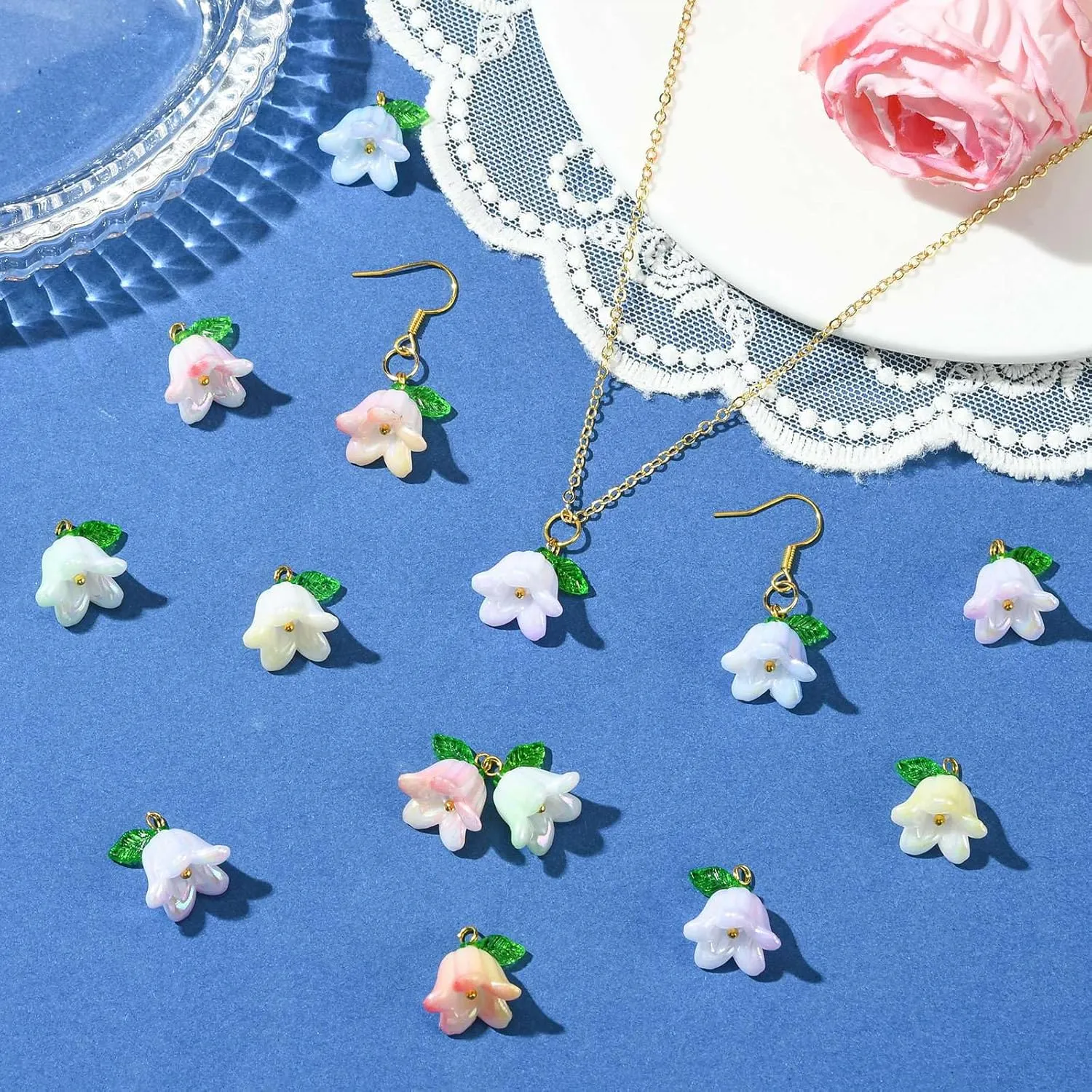 LiQunSweet 90 pcs 9 Colors Lily of The Valley Acrylic Charms with Leaf Orchid Floral Bell Flower Charms for DIY Jewelry Bracelets Necklaces Earrings Phone Keychains Bag Crafts