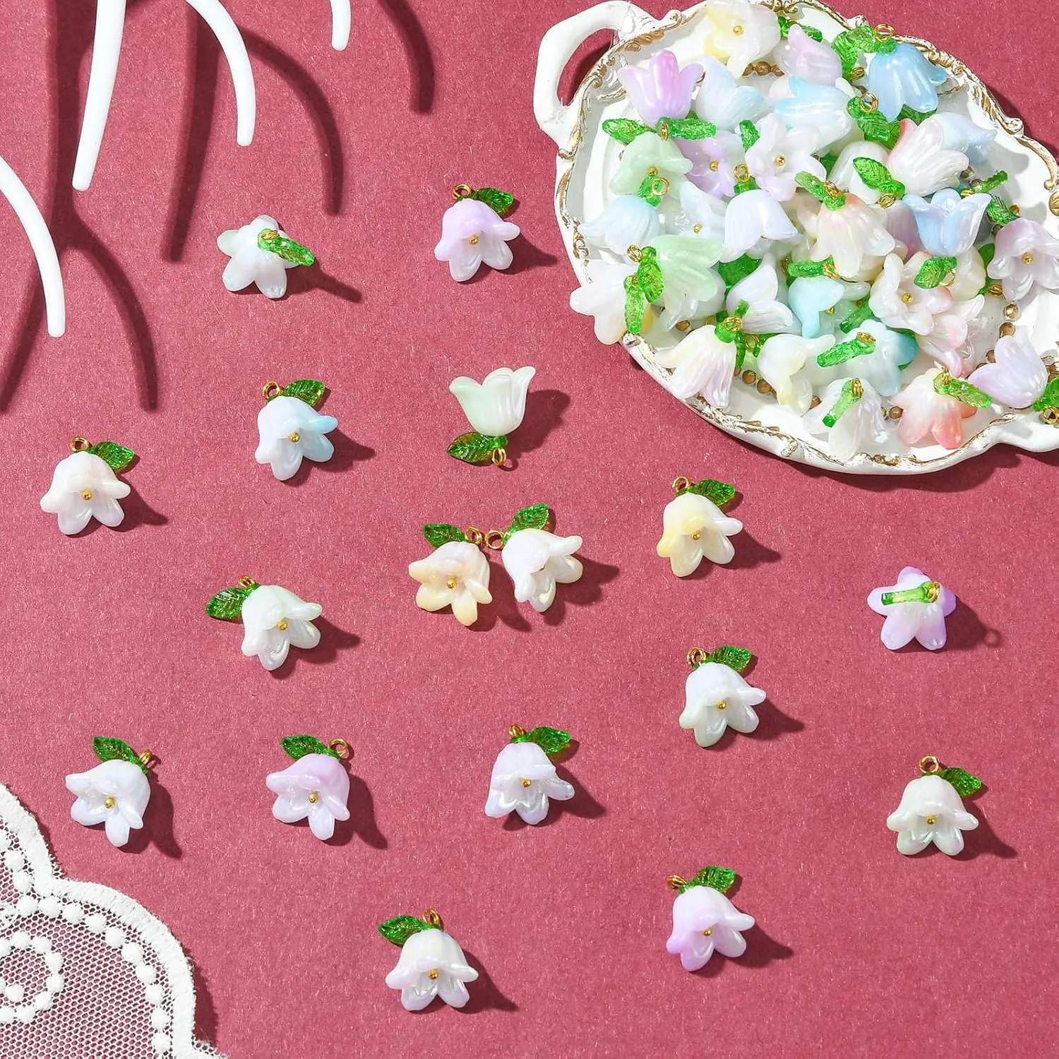 LiQunSweet 90 pcs 9 Colors Lily of The Valley Acrylic Charms with Leaf Orchid Floral Bell Flower Charms for DIY Jewelry Bracelets Necklaces Earrings Phone Keychains Bag Crafts