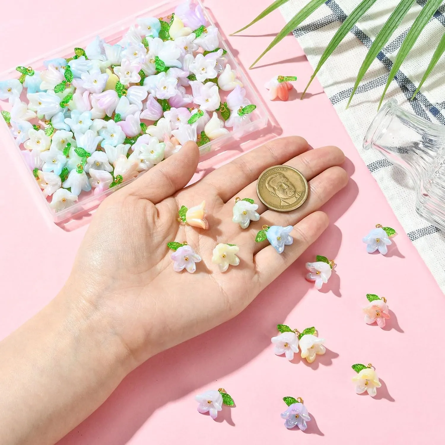 LiQunSweet 90 pcs 9 Colors Lily of The Valley Acrylic Charms with Leaf Orchid Floral Bell Flower Charms for DIY Jewelry Bracelets Necklaces Earrings Phone Keychains Bag Crafts