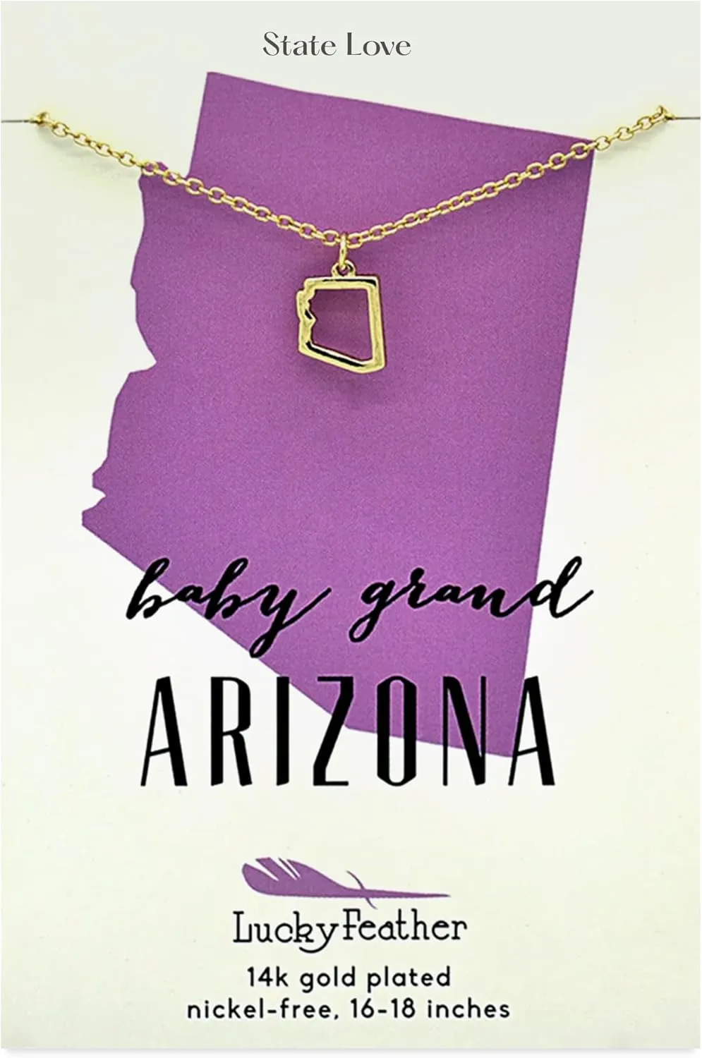 Lucky Feather Arizona Shaped State Necklace, 14K Gold-Dipped Pendant on Adjustable 16”-18” Chain