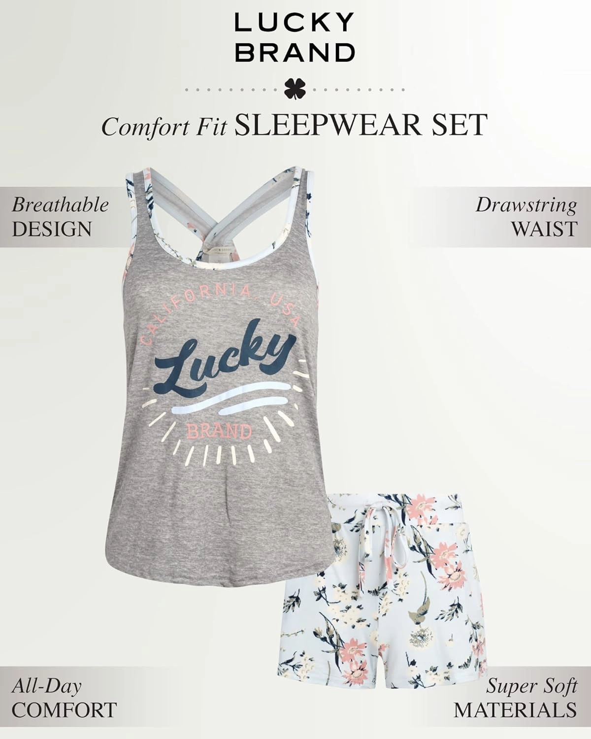 Lucky Brand Women’s 2-Piece Pajama Set – Soft Sleepwear with Cross Back Tank Top and Sleep Shorts