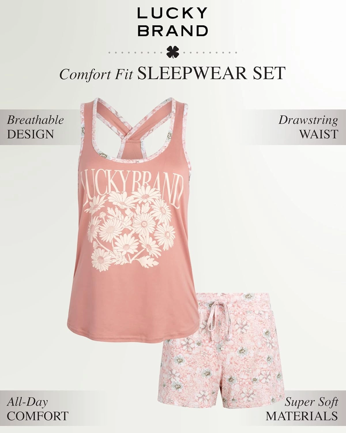Lucky Brand Women’s 2-Piece Pajama Set – Soft Sleepwear with Cross Back Tank Top and Sleep Shorts