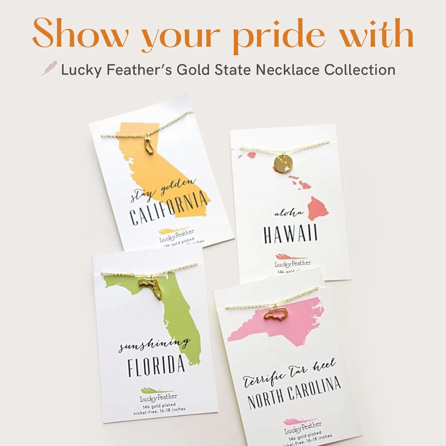 Lucky Feather State Necklace 14K Gold-Dipped Pendant on Adjustable 16”-18” Chain
