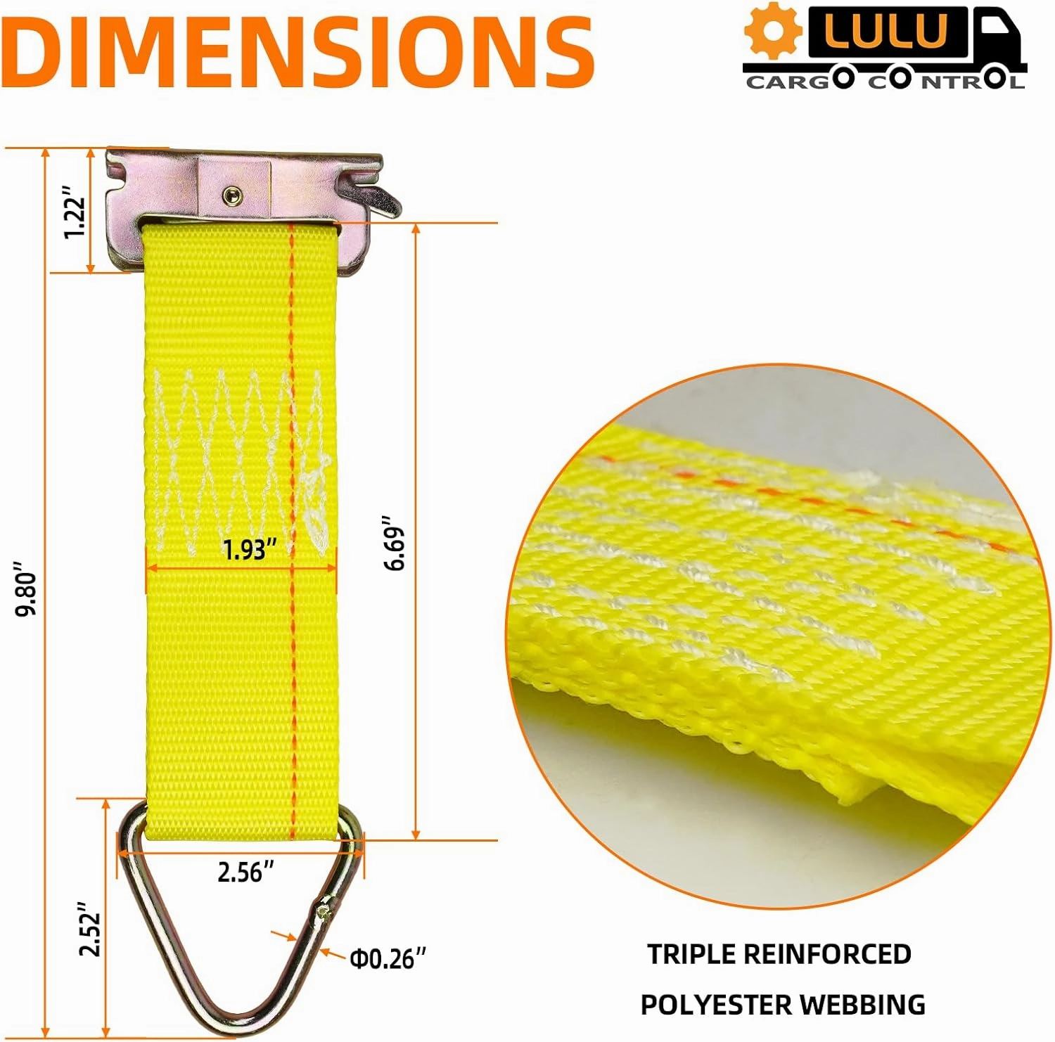 LULU CARGO CONTROL 2" x 6" E Track Rope Tie Offs, E Track Tie Down Straps (10 Pack) with D Ring E Track Accessories for Pickups, Boats, Enclosed Trailers, Vans (Yellow)