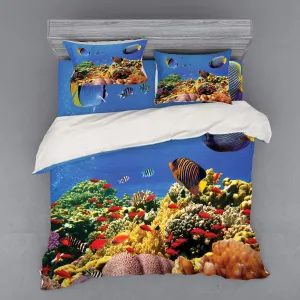 Lunarable Ocean Bedding Set, Submerged Colorful Old Coral Colony Fishes at Tranquil Shallow Red Sea Image Print, 4 Piece Duvet Cover Set with Shams and Fitted Sheet, King Size, Multicolor