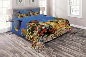 Lunarable Ocean Coverlet, Submerged Colorful Coral Colony on Reef Exotic Fishes Tranquil Shallow Sea Picture, 3 Piece Decorative Quilted Bedspread Set with 2 Pillow Shams, Queen Size, Multicolor