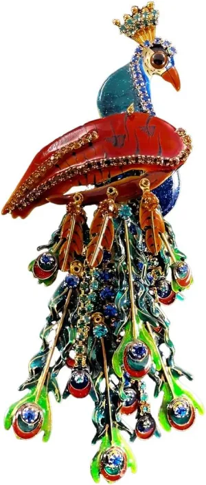 Lunch at The Ritz, Rare Handcrafted Peacock Pin Brooch Pendant with Crystals