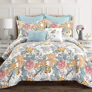 Lush Decor Sydney Comforter Set - Charming & Colorful Floral Leaf Design - 7 Piece Elegant Botanical Bedding Set With Euro Shams & Decorative Pillows - King, Blue & Yellow