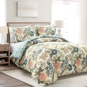 Lush Decor Sydney Reversible 100% Cotton Duvet Cover Set - Charming & Colorful Floral Leaf Design - 3 Piece Botanical Bedding Set With Shams - King, Green & Blue