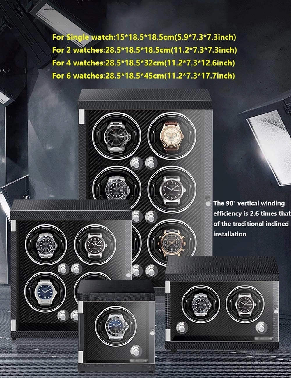 Luxury Watch Winder Piano Paint Anti-Magnetic Ultra-Quiet Motor Vertical Winding Watch Shaker Induction Led Light Black (Carbon Fiber Color 6 watches)