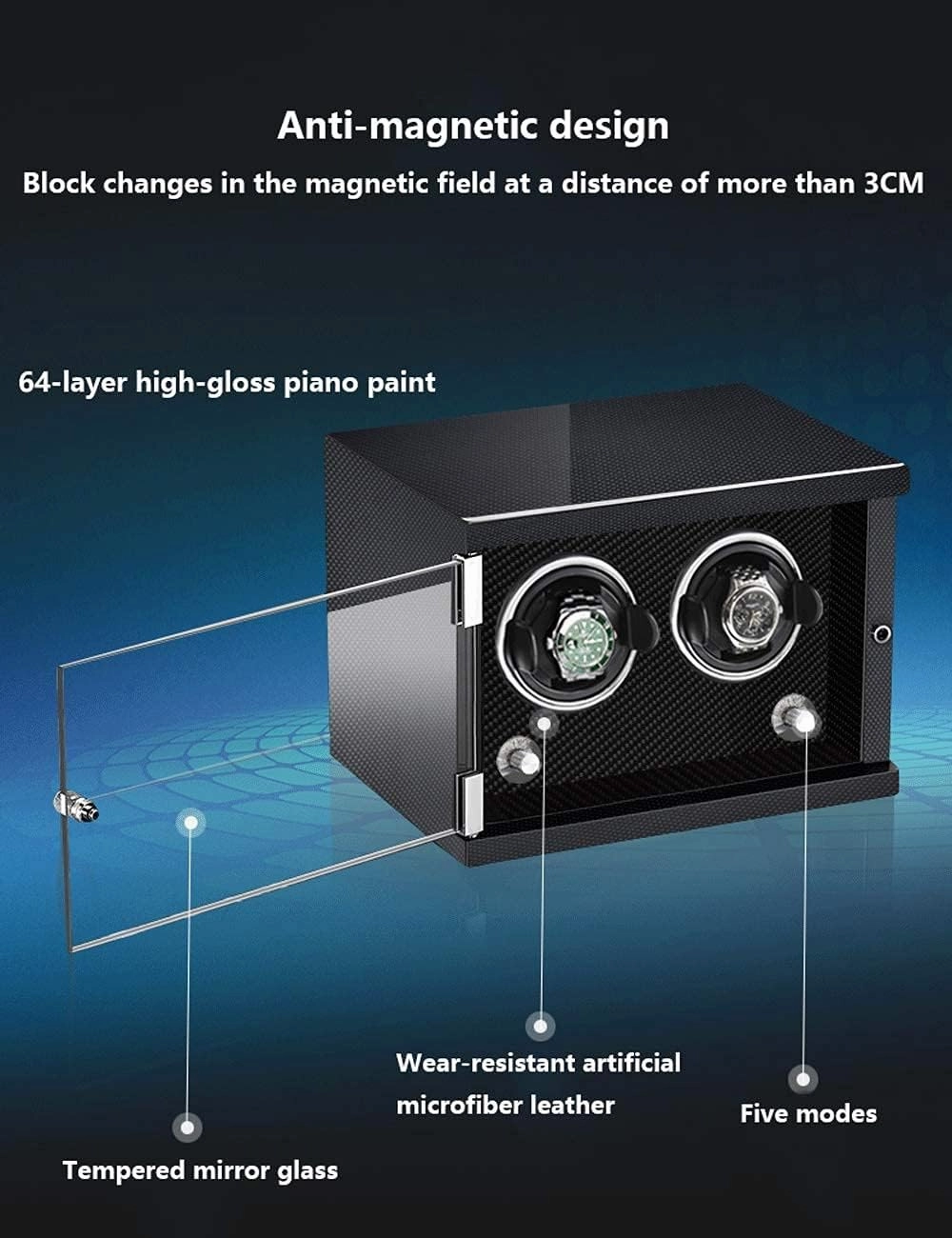 Luxury Watch Winder Piano Paint Anti-Magnetic Ultra-Quiet Motor Vertical Winding Watch Shaker Induction Led Light Black (Carbon Fiber Color 6 watches)