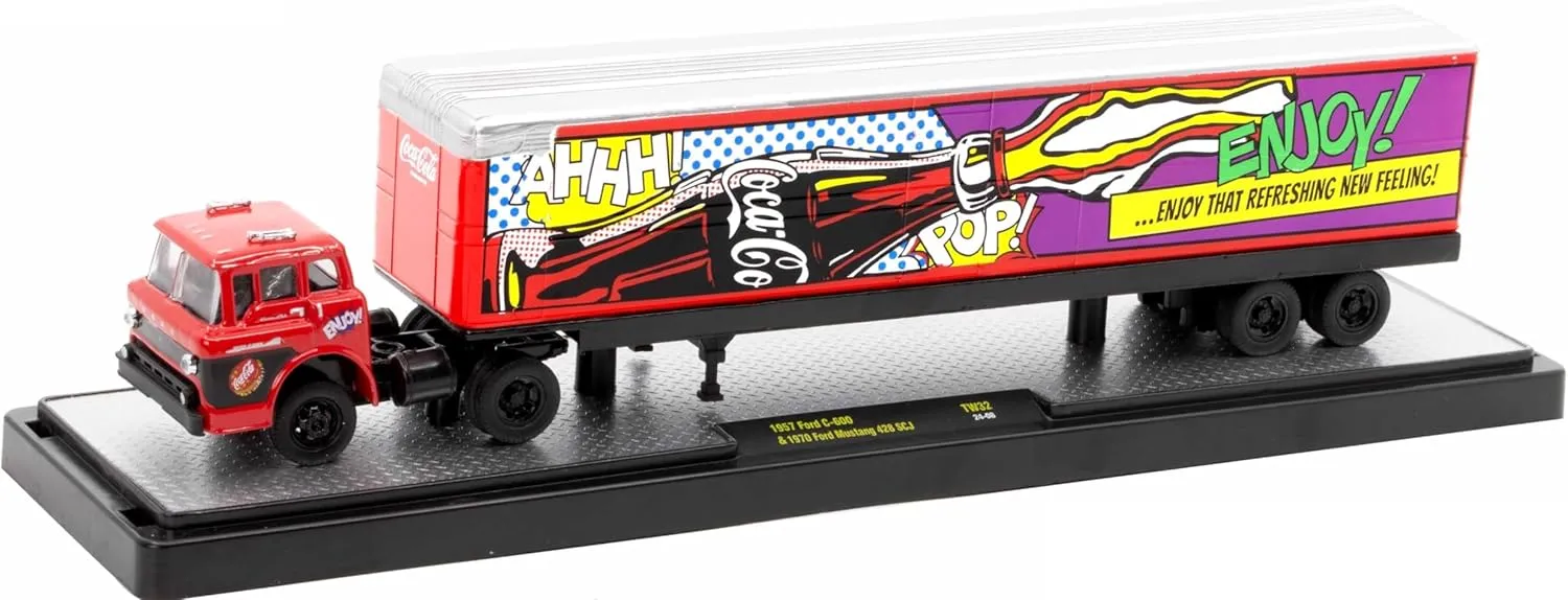 M2 Machines AutoHaulers 36000-TW32 24-08 1/64 Scale Diecast Cola - 1957 C-600 Truck and 1970 Mustang 428 SCJ