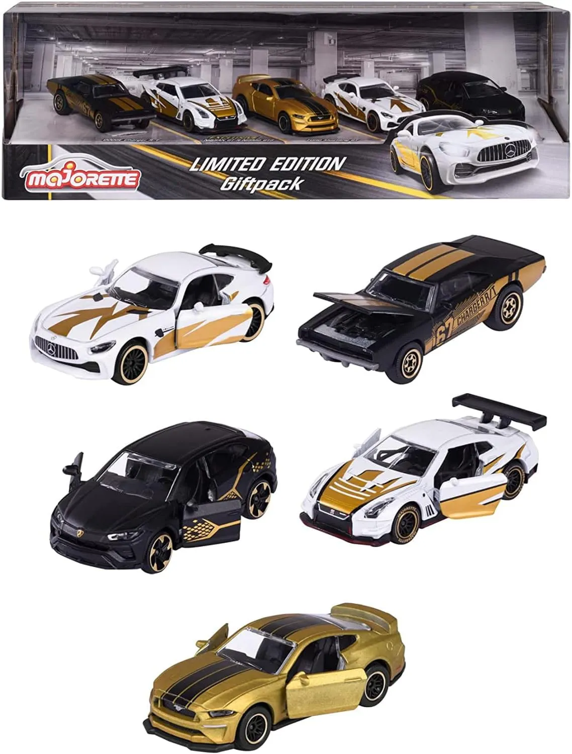 Majorette – Limited Edition 9 Gift Set – 5 Small Model Cars with Gold Design, for Children Aged 3 and Above, Toy Cars with Rotating Wheels and Suspension, Includes 2 Exclusive car Models