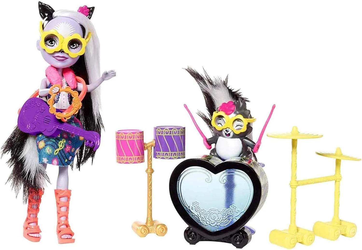 Mattel Enchantimals Rockin' Drumset Playset -Sage Skunk (6-in) and Caper Animal Figure