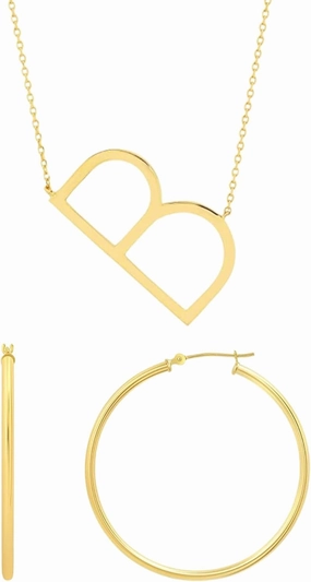 MAX   STONE 14k Gold Plated Sterling Silver Large Sideways Block Initial Letter B Pendant Necklace with 16 to 18 Inches with Solid 14k Gold Hoop 40 mm Earrings for Women