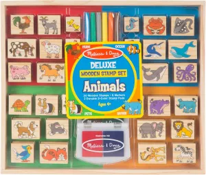 Melissa & Doug Deluxe Wooden Stamp Set: Animals - 30 Stamps, 6 Markers, 2 Stamp Pads Kids Art Projects, Wooden Stamps With Washable Ink, For Kids Ages 4 