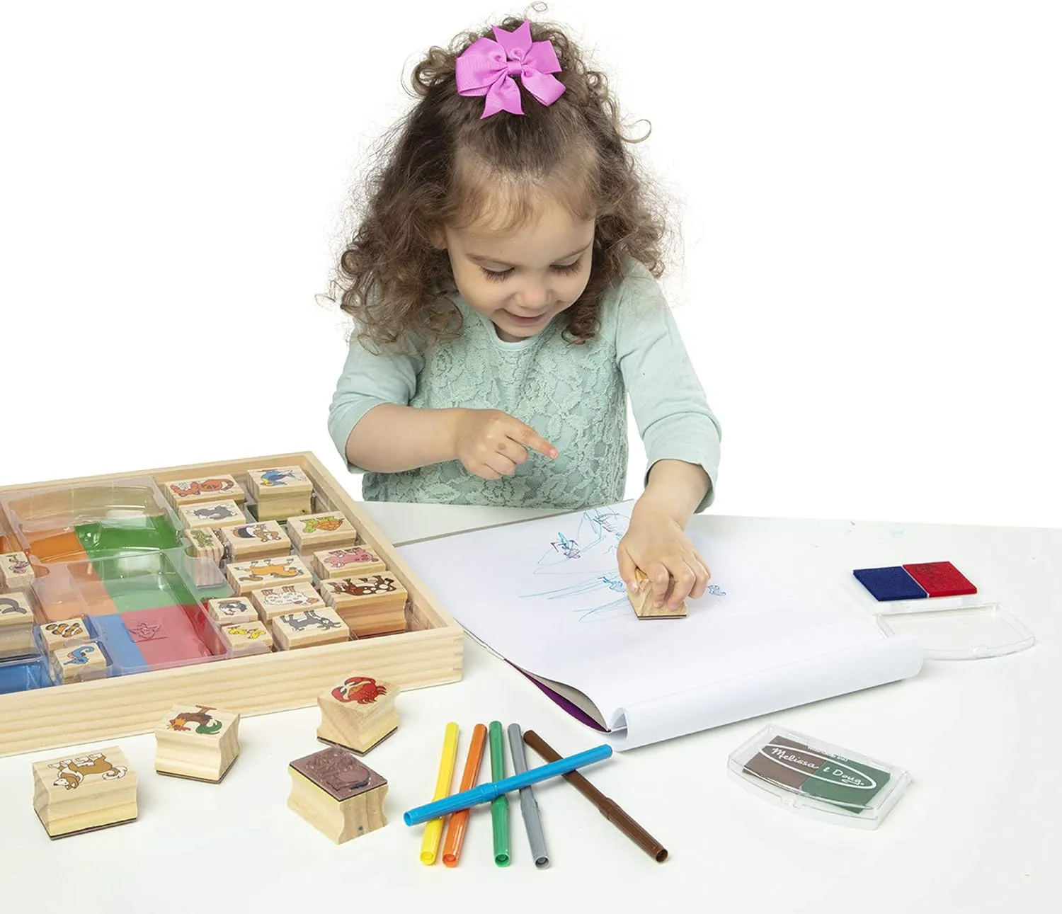 Melissa & Doug Deluxe Wooden Stamp Set: Animals - 30 Stamps, 6 Markers, 2 Stamp Pads Kids Art Projects, Wooden Stamps With Washable Ink, For Kids Ages 4 