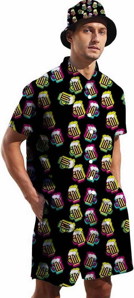 Men's 2 Piece Tracksuit Hawaiian Shirt Shorts Button Down Shirt and Shorts Sets with Bucket Hats