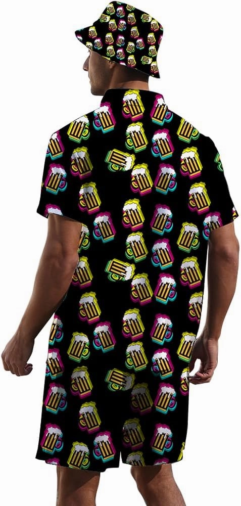 Men's 2 Piece Tracksuit Hawaiian Shirt Shorts Button Down Shirt and Shorts Sets with Bucket Hats