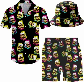 Men's 2 Piece Tracksuit Hawaiian Shirt Shorts Button Down Shirt and Shorts Sets with Bucket Hats