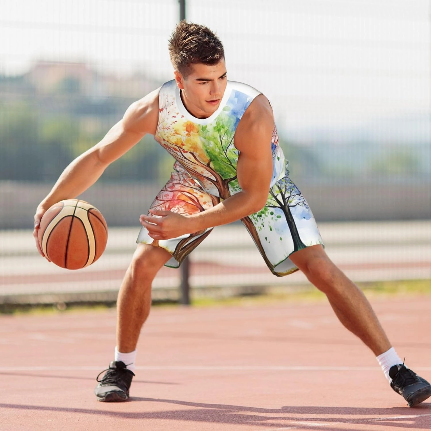 Men's Basketball Jerseys Sets Four Seasons Spring Tree Basketball Uniform Lightweight Basketball Vest and Sports Shorts