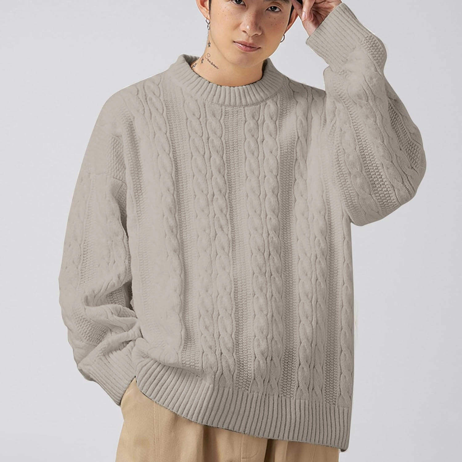 Men's Cable Knit Pullover Sweater Classic Crewneck Soft Casual Sweaters with Ribbing Edge Long Sleeve Jumpers Fall