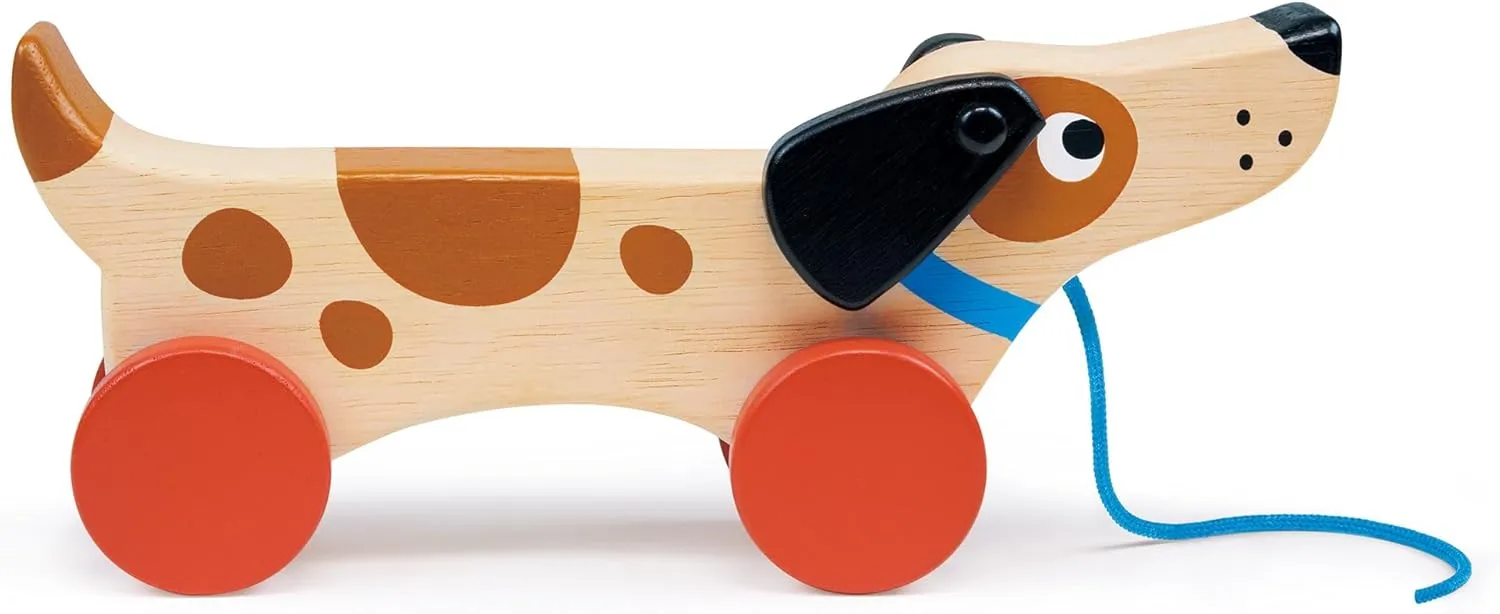 Mentari Toys - Puppy on Wheels - Wooden Dog Pull Toy for Toddlers - Natural Wood Toy with 7 inch Pull Chord, 4 Wheels, Rotating Ears - Enhances Motor Skills - Fosters Imaginative Play - Age 18M 