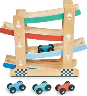 Mentari Toys - Wooden Ramp Racer Toy - 4 Colorful Flip Cars on Mult-Level Wooden Track - High Speed Action for Fun and Skill Building - Boost Hand-Eye Coordination and Motor Skills - Age 18m 