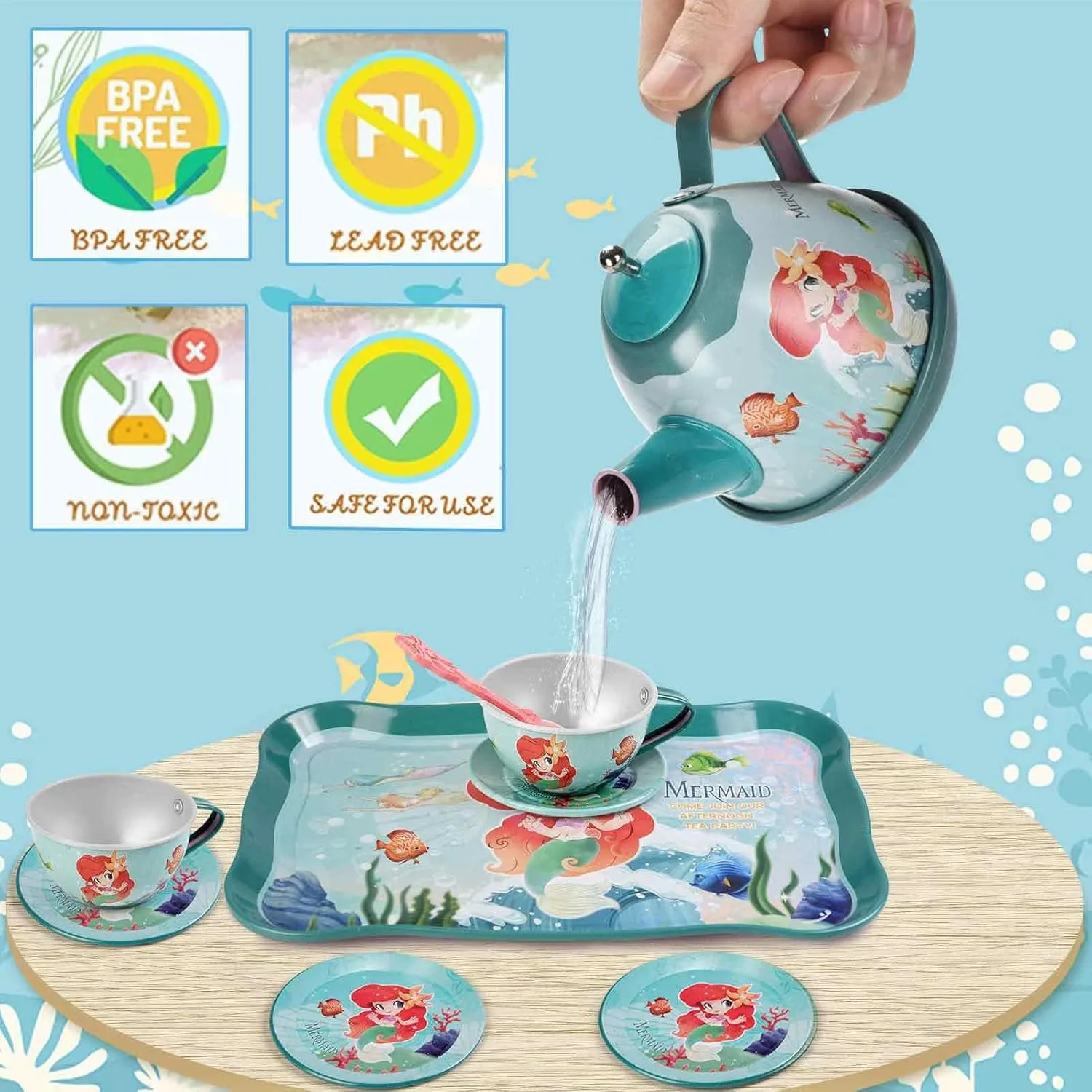 Mermaid Tea Party Set for Little Girls,Birthday Gifts for Age 3 4 5 6 Year Old Girls,Pretend Tin Teapot, Cups, Plates,and Food Sweet Treats Playset for Princess Tea Time Play Kitchen Toys