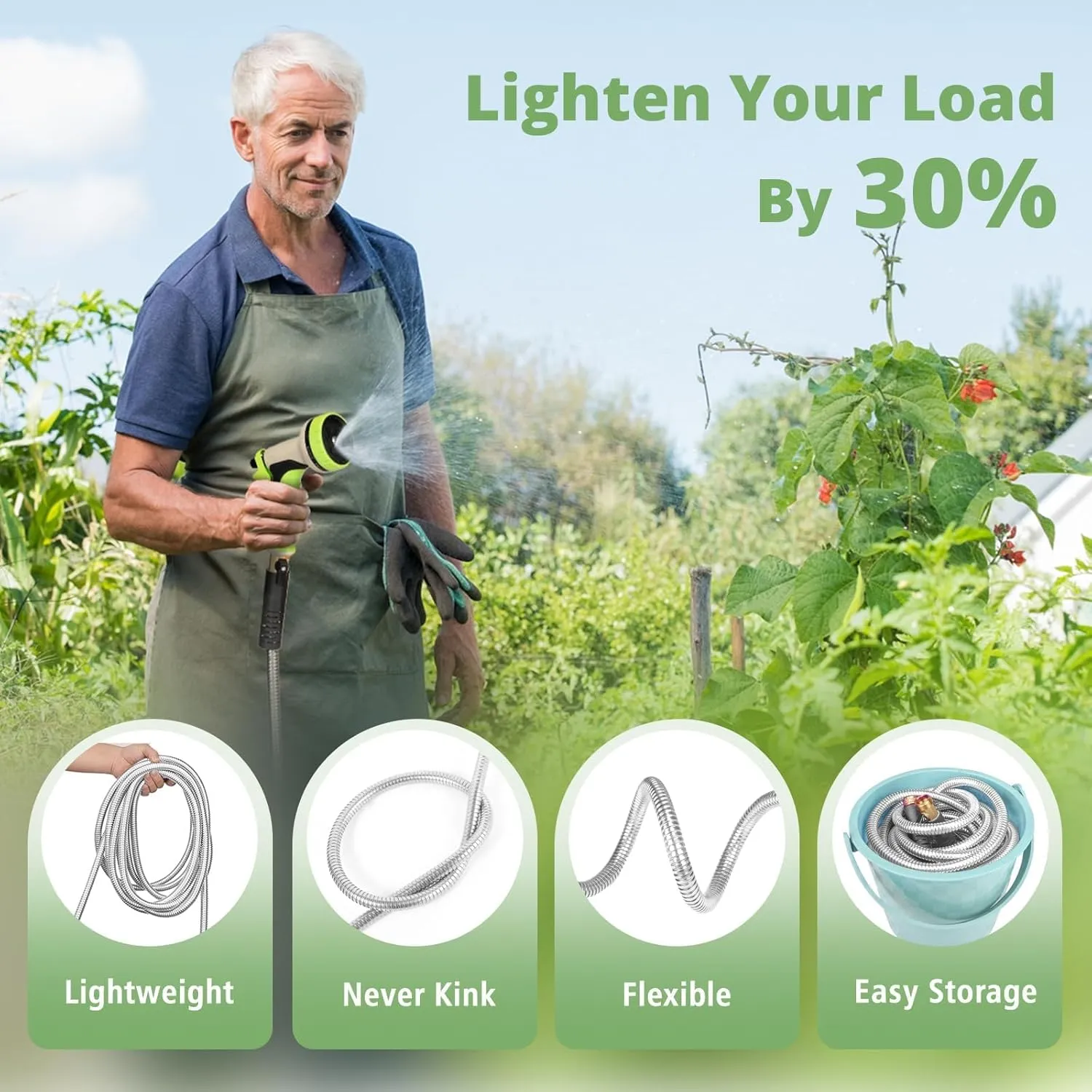 Metal Garden Hose 75ft Flexible Water Hose Stainless Steel Heavy Duty Lightweight Durable Strong Kink Free Extra Long Hose Pipe with 10 Way Nozzle for Outdoor Outside Lawn Yard