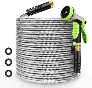 Metal Garden Hose 75ft Flexible Water Hose Stainless Steel Heavy Duty Lightweight Durable Strong Kink Free Extra Long Hose Pipe with 10 Way Nozzle for Outdoor Outside Lawn Yard