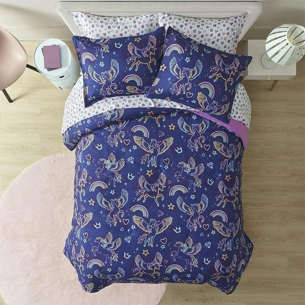 Mi Zone Kids Leah Bed in a Bag Comforter Set Rainbow Pegasus in Space Fantasy Room Décor, All Season, Hypoallergenic, Cozy Cover with Printed Sheet, Matching Sham, Twin, Blue 5 Piece