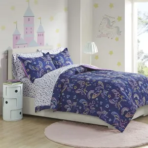 Mi Zone Kids Leah Bed in a Bag Comforter Set Rainbow Pegasus in Space Fantasy Room Décor, All Season, Hypoallergenic, Cozy Cover with Printed Sheet, Matching Sham, Twin, Blue 5 Piece